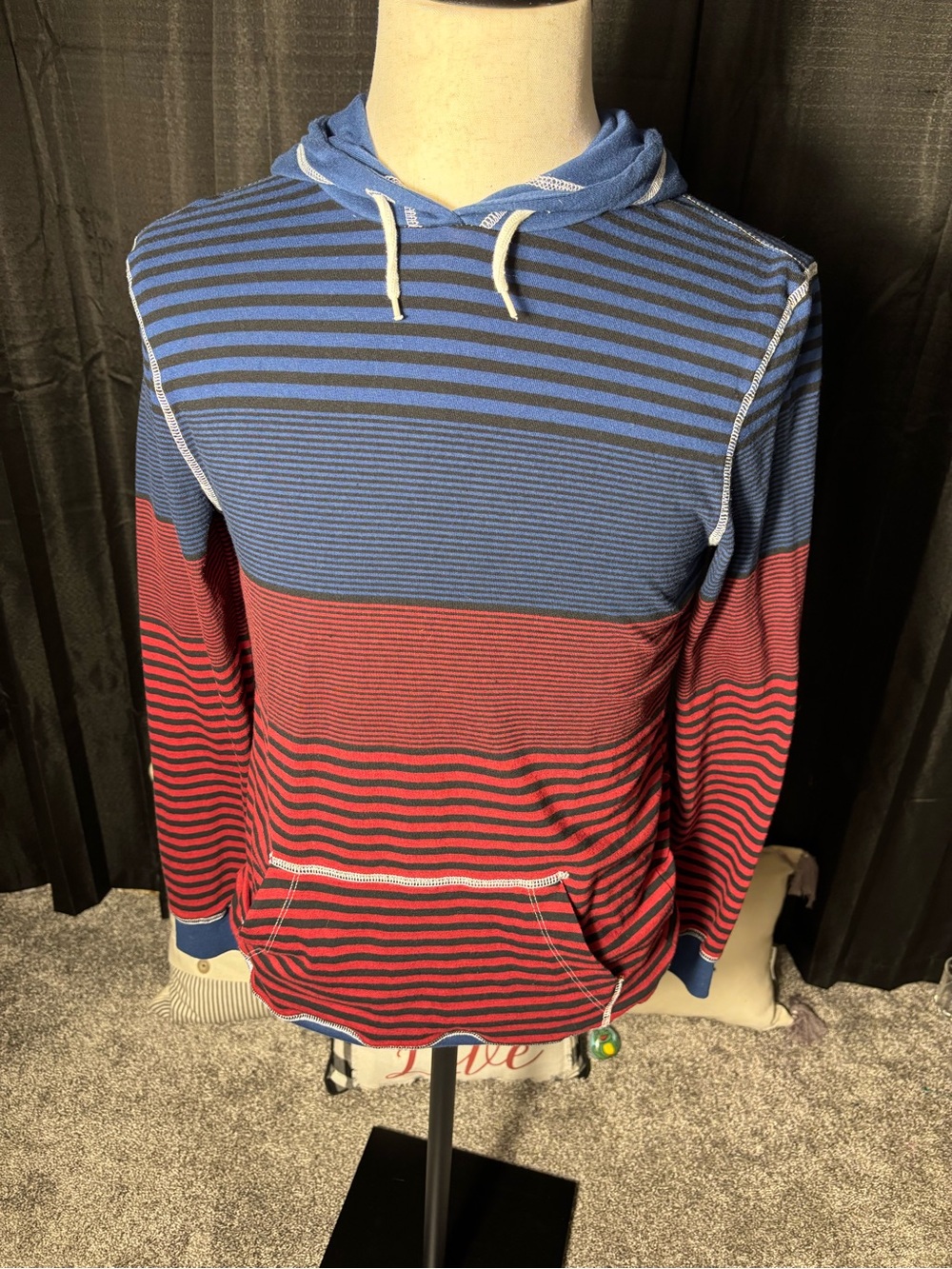 on the byas Blue and Red Striped Hooded Men's Pullover